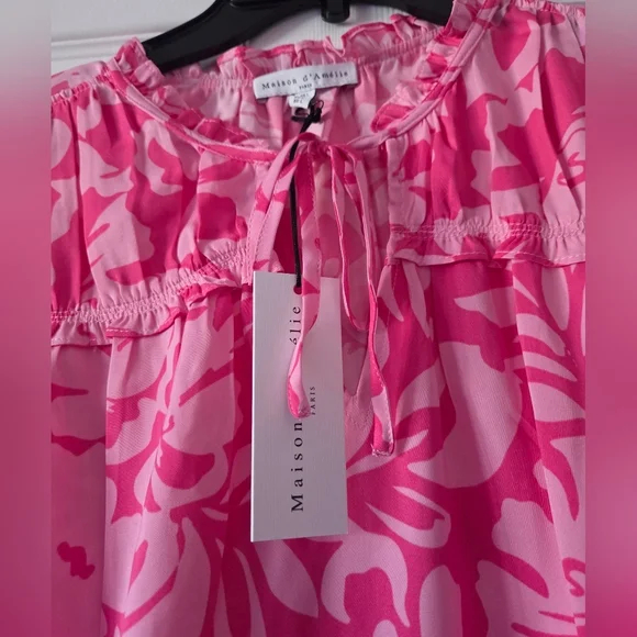 Vibrant Pink Floral Ruffle Blouse Size L By Maison D'Amelie NWT - Picture 4 of 6